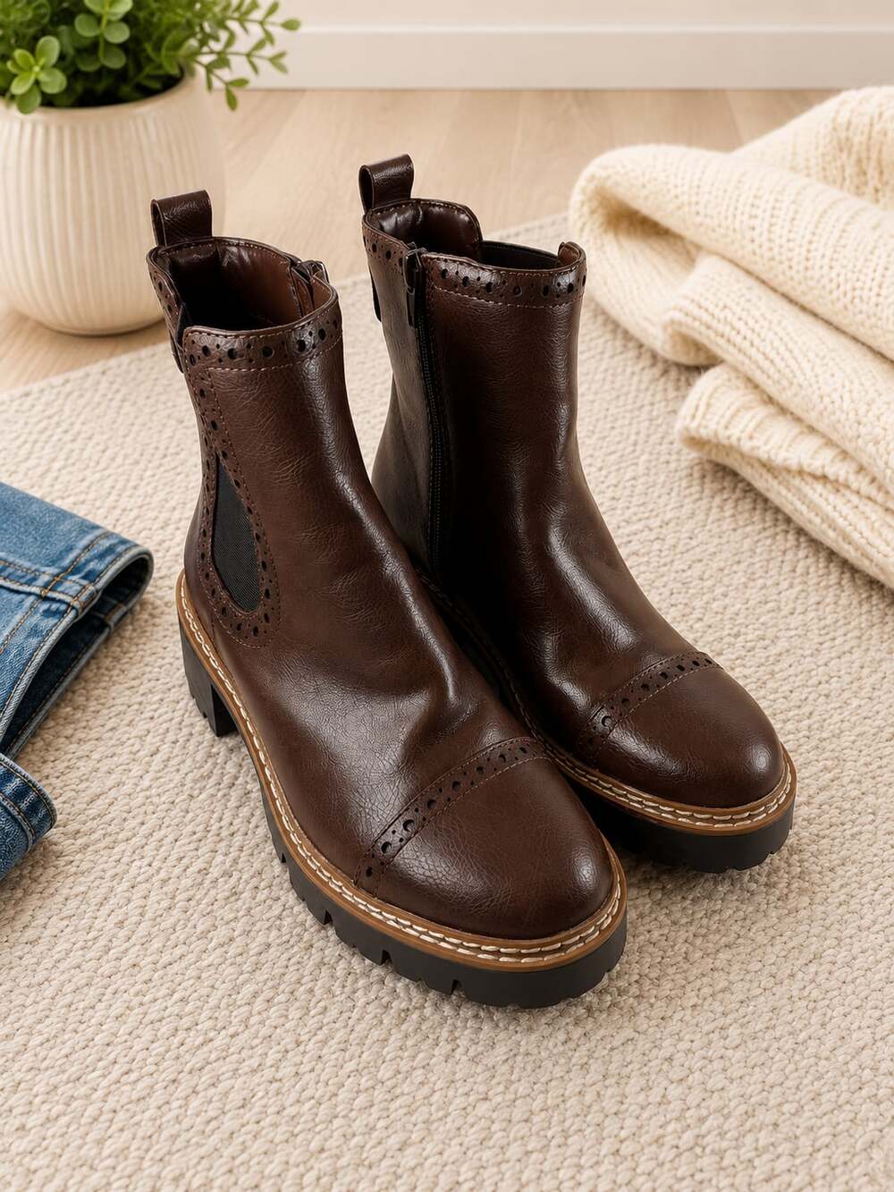 St Johns Bay SJB Driver Brown Ankle Boots Lug Sole Zip Womens 6.5M